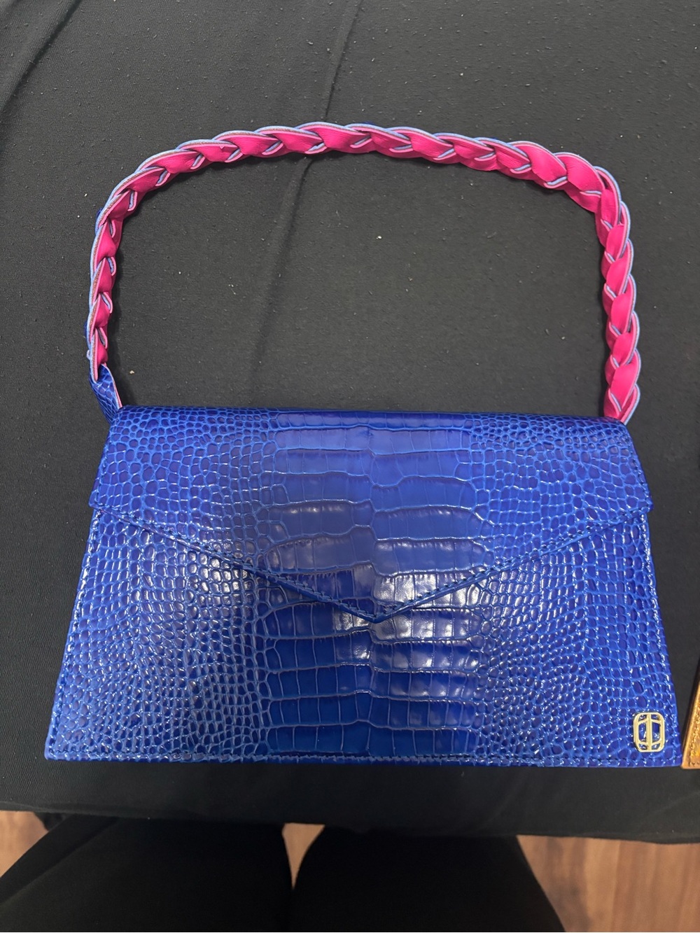 Anima Iris Blue Croc-Embossed Shoulder Bag with Pink Braided Strap